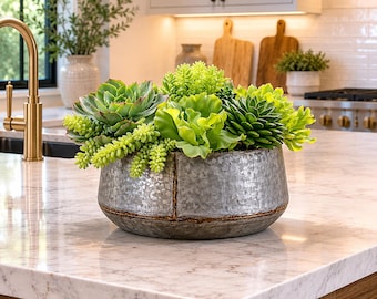 Artificial Succulents in Shades of Green 12" Galvanized Beaded Planter