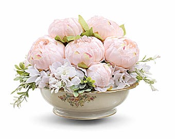 Blush Pink Peony Bouquet in a Vintage Floral Porcelain Bowl with Gold Accents