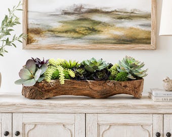 Carved Driftwood Succulent Centerpiece, Green and Purple Faux Succulents, Rustic Dining Table Decor, Mantel & Kitchen Island Decor
