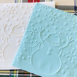 Snowman Embossed Paper Napkins. Pastel Blue & White. Beverage.