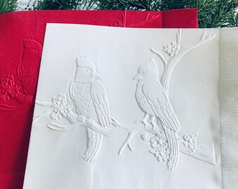 Cardinal Birds Napkin ~ Embossed Paper Napkins ~ Christmas ~ Winter Wedding ~ Birthday Party ~ Anniversary ~ Luncheon ~ Folk Art Bird