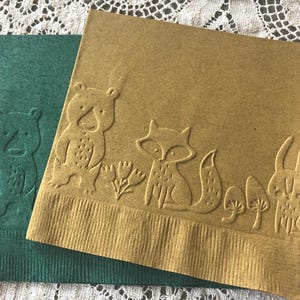 Woodland Creatures Napkin ~ Embossed Paper Napkins ~ Birthday Party ~ Gender Reveal ~ Forest Animals ~ Baby Shower ~ Beverage ~ Cake