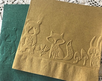 Woodland Creatures Napkin ~ Embossed Paper Napkins ~ Birthday Party ~ Gender Reveal ~ Forest Animals ~ Baby Shower ~ Beverage ~ Cake