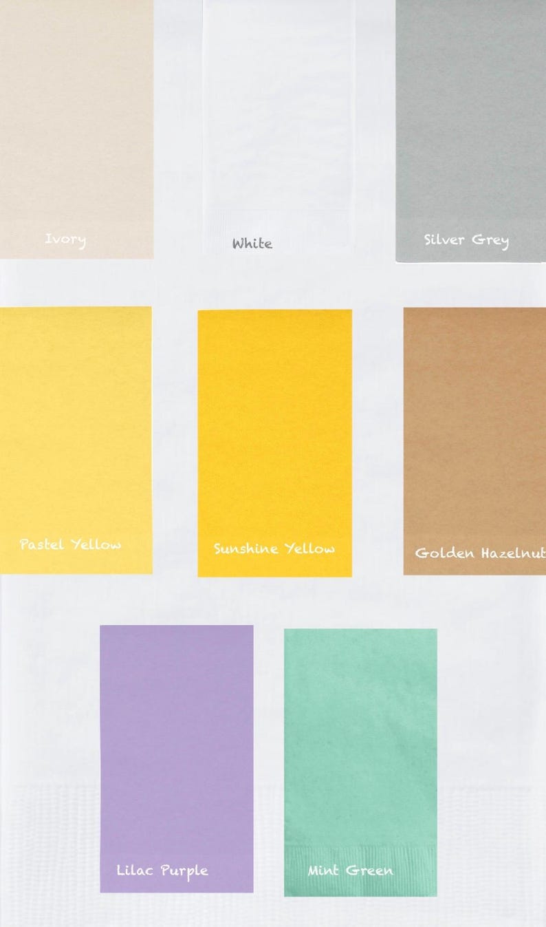 May include: A selection of rectangular colour swatches in shades such as ivory, white, silver grey, pastel yellow, sunshine yellow, golden hazelnut, lilac purple, and mint green. Each swatch has a colour name written in a handwritten font.