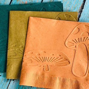 Mushroom Napkin ~ Embossed Paper Napkins: Woodland ~ Nature ~ Baby Shower ~ Garden Party ~ Picnic ~ Birthday Decor ~ Beverage ~ Cake