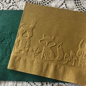 Woodland Creatures Napkin ~ Embossed Paper Napkins ~ Birthday ~ Shower ~ Gender Reveal ~ Woodland ~ Baby Forest Animals ~ Beverage ~ Cake