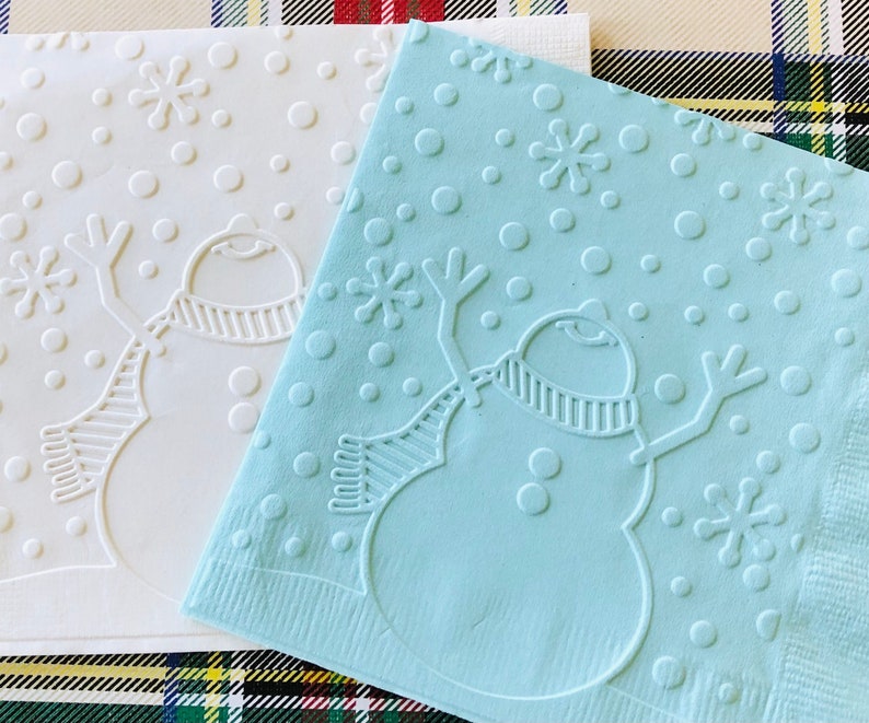 Snowman Embossed Paper Napkins. Pastel Blue & White. Beverage.