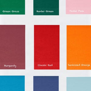 May include: A colour palette showing nine rectangular swatches in various shades. Colours include green grass, hunter green, pastel pink, burgundy, classic red, sunkissed orange, turquoise, navy blue, and pastel blue. The word "DISCONTINUED" is written on the turquoise swatch.