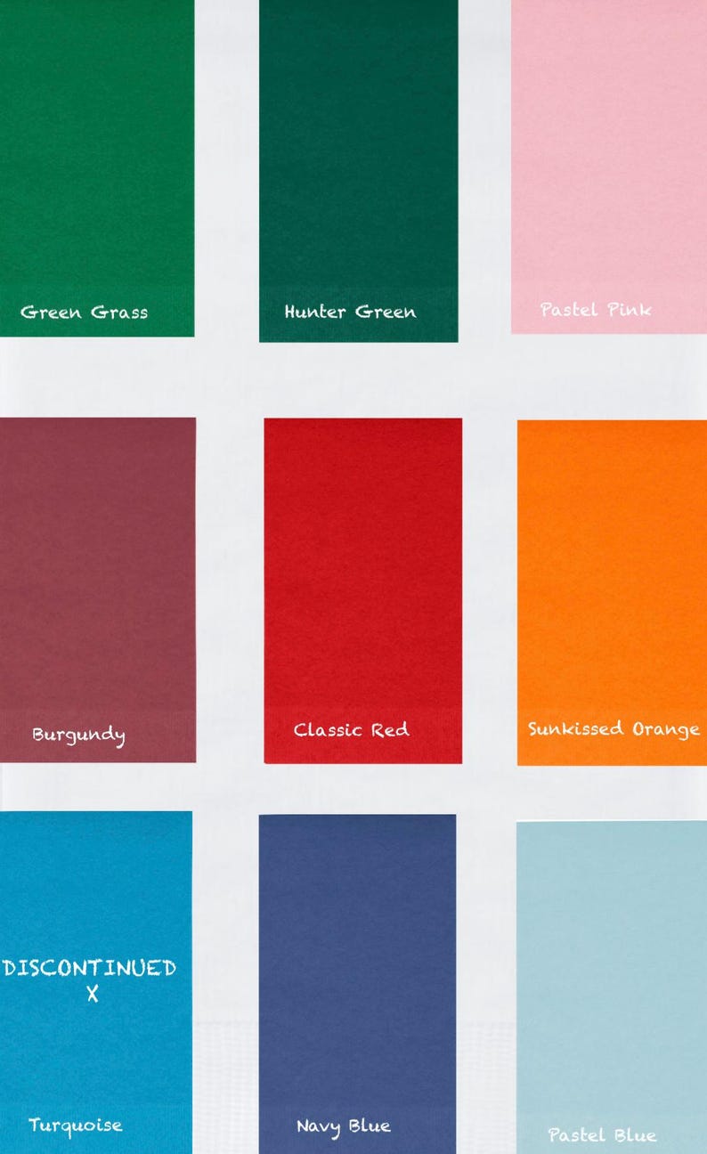 May include: A colour palette showing nine rectangular swatches in various shades. Colours include green grass, hunter green, pastel pink, burgundy, classic red, sunkissed orange, turquoise, navy blue, and pastel blue. The word "DISCONTINUED" is written on the turquoise swatch.