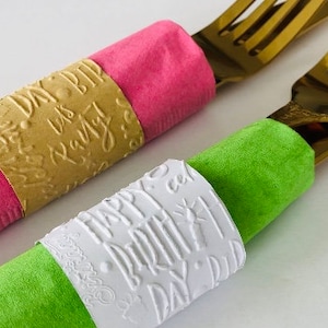 Birthday Napkin Wrappers - Embossed Napkin Ring - Silverware Paper Wraps - Self Adhesive Napkin Bands - Party Decorations - Flatware Wrap