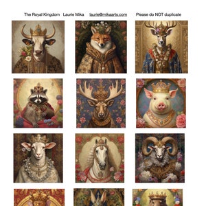 May include: A collection of digital art prints featuring anthropomorphic animals adorned in regal attire. Each portrait showcases a different animal, including a cow, fox, deer, raccoon, elk, pig, sheep, horse, ram, mouse, rabbit, and beaver, all wearing crowns and ornate clothing.