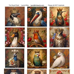 May include: A collection of 12 digital art prints featuring various birds wearing crowns. Each print has a unique background and features a different bird species, including a penguin, pelican, kingfisher, duck, robin, owl, peacock, parakeet, dove, raven, and rooster.