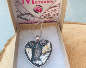 SOLD Quartz, with recycled white & Gold china heart pendant with millefiori and silver findings . 28x28mm.