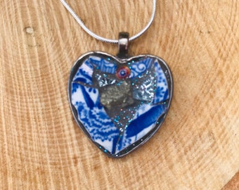 Blue & White recycled pottery, mirror heart pendant with pyrite and millefiori . 28x28mm.