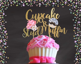 Cupcake or Stud Muffin Cake Topper, Gender Reveal, Glitter Cardstock