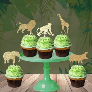 Safari Glitter Cupcake Toppers: Jungle Birthday Party Decor