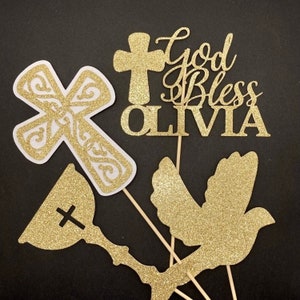 Glitter God Bless Centerpiece Sticks: Dove, Chalice, Cross, Custom Name