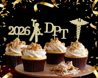 Adornos para cupcakes de graduación de DPT, fisioterapia, cartulina con brillantina