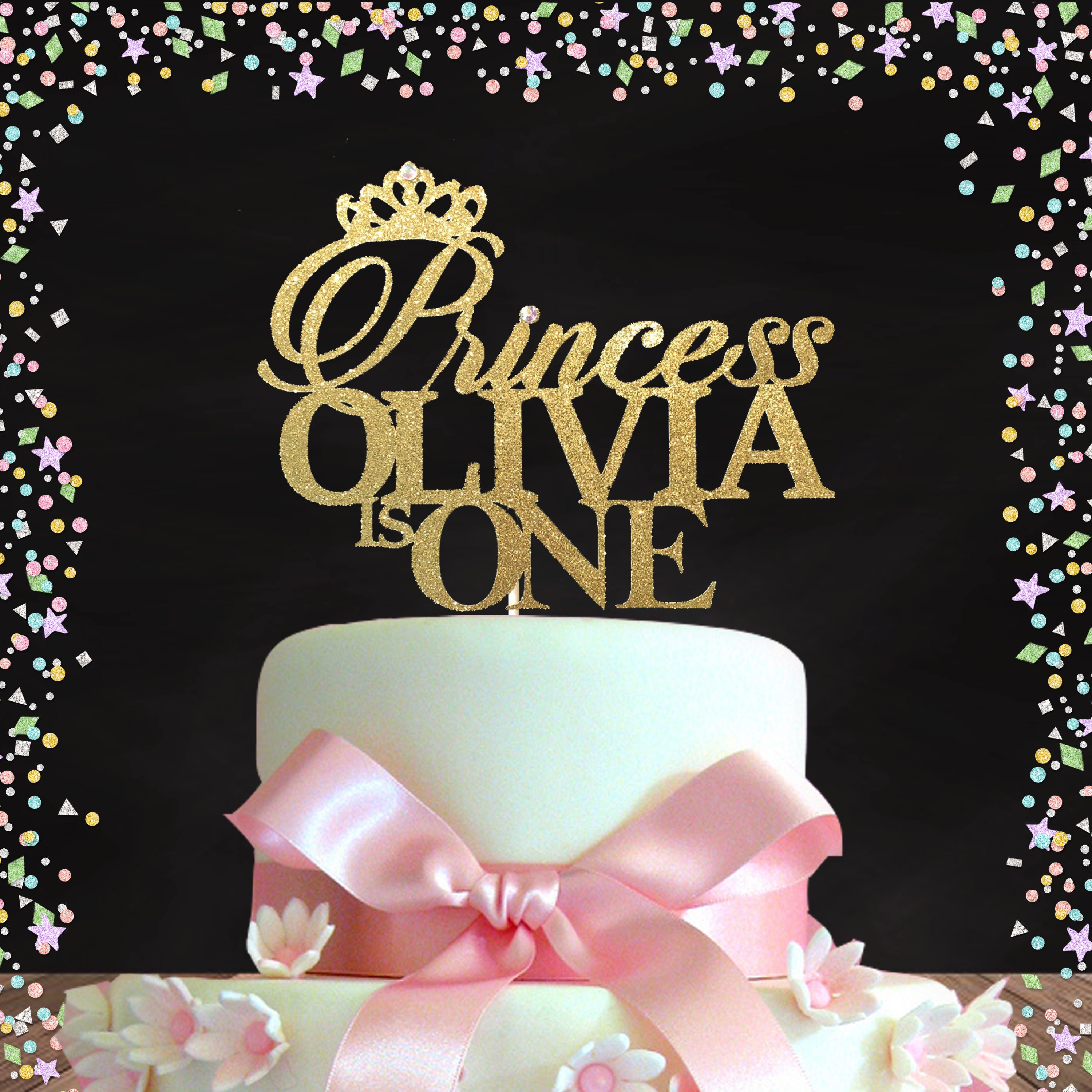 Topper de cumpleaños de princesa, primer topper de pastel de cumpleaños, topper de pastel de princesa de oro, un topper de pastel, cualquier nombre, topper de pastel de cumpleaños de príncipe