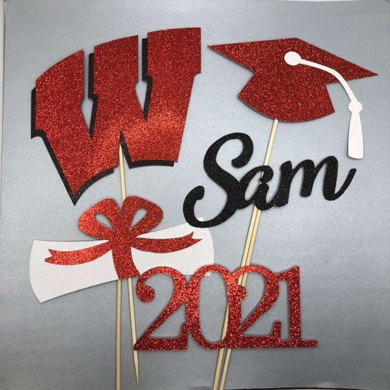 Graduation Table D\u00e9cor Wisconsin Badgers Graduation Centerpiece Sticks Wisconsin graduation Graduation Centerpiece Custom school logo