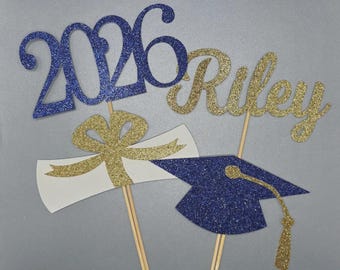 Conjunto de centro de mesa de graduación azul marino y dorado con purpurina: colores personalizados 2026