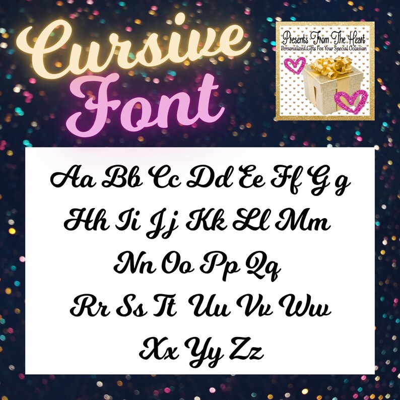 May include: A black and white image of a cursive font alphabet. The letters are written in a flowing, elegant style. The image is set against a background of colourful confetti.