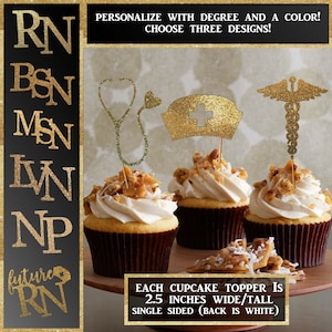 Topos de cupcake para formatura de enfermeira: decoração de festa com glitter