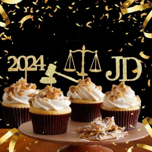 Decorazioni per cupcake per laurea in avvocato: martelletto glitterato, bilancia della giustizia