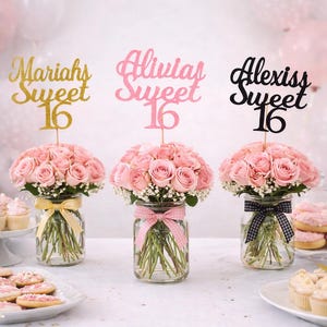 Custom Glitter Sweet 16 Birthday Centerpiece Sticks: Personalized Cake Topper