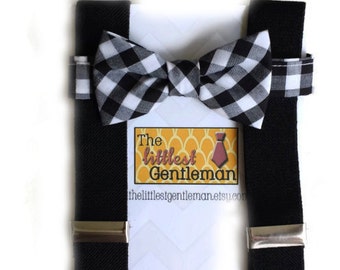 boy bow tie suspenders set, black gingham bow tie suspenders set, baby boy suspenders, photo prop suspenders, wedding bow suspenders set