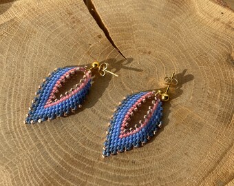 Elegant leaf earrings made of Miyuki Delica beads - blue neon orange - Russian Leaf Earrings - silver gold stud earrings | Hoop earrings