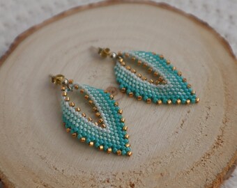 Elegant leaf earrings made of Miyuki Delica beads - turquoise gold - Russian Leaf Earrings - gold silver stud earrings | Hoop earrings