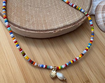 Necklace made of Japanese Miyuki beads - colorful with freshwater pearl and shell - rocaille beads
