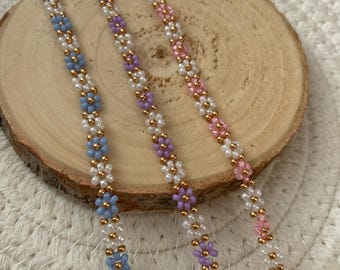 Daisy bracelet "Spring", two-tone pink blue purple white, daisy bracelet, flower pearl bracelet, bracelet