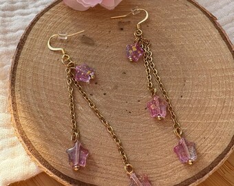 Star earrings long made of stainless steel, Bohemian glass, gold