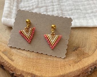 Filigree triangle earrings HONEY made of Miyuki Delica beads, watermelon/yellow/gold, earrings, hoop earrings, ear studs