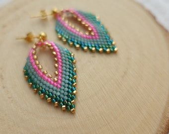 Elegant leaf earrings made of Miyuki Delica beads | Russian Leaf Earrings | Gold and silver stud earrings | Hoop earrings | Japanese glass beads