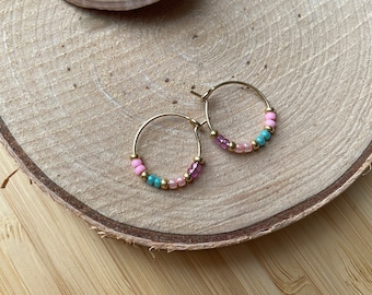 Mini Pink Purple Pearl Hoops Creoles | Summery Earrings | Miyuki Stainless Steel Hoops | Earrings | Earrings