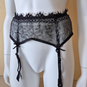 Retro Garter belt by Nina von C | Black & Gray Lace Suspender Belt | Size M