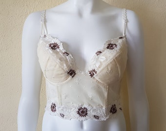 90's LA PERLA Corset top, Vintage Longline bra Ivory lace & embroidery It-4 Us-38 Eu-85