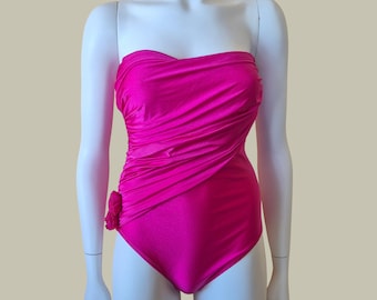 Vintage 90s Strapless One Piece Swimsuit Size L, Made in Italy Fuchsia Ruched Rosette Bandeau Swimwear, Coquette Europecore Designer Archive