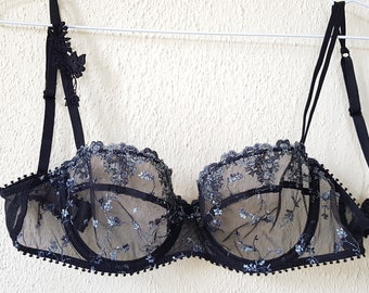 Black sheer bra Passionata by CHANTELLE model 'White Nights' Gray Floral Embroidery Underwire Balconette US-34C EU-75C