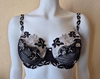 1990s Archive Lace Bra • Black & Ivory Floral Embroidery • Marie Jo L’Exclusive • 34D 75D