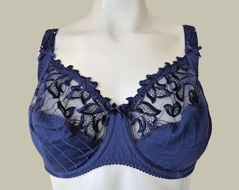 Vintage Prima Donna Deauville Blue Bra 40C 90C, Whimsigoth Embroidered Full Cup Bra, Supportive Regency Coquette Luxury Lingerie Archive
