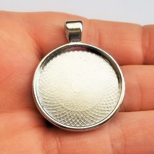 Silver Necklace Cabachon Setting, Large Antique Silver Round Bezel Cabachon Setting Pendant 35mm 25mm CAB