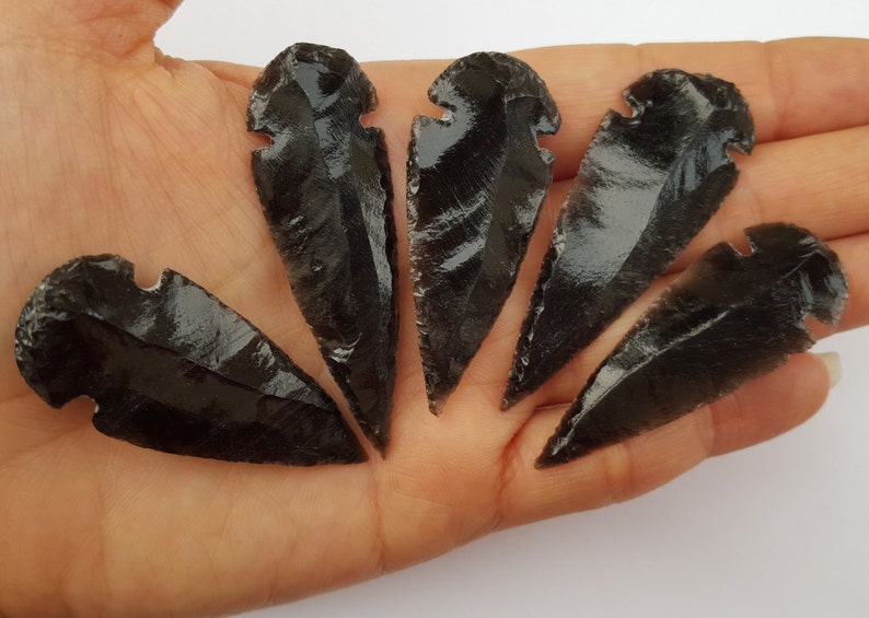 Large Black Obsidian Arrowheads Arrow Heads Jewelry Supplies Black Spear heads Carved Obsidian image 2