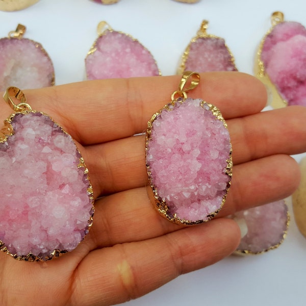 Pink Druzy Pendant - Pink Geode Pendants - DIY Jewelry - Gold Electroplate Druzy Geodes - Jewelry Supplies