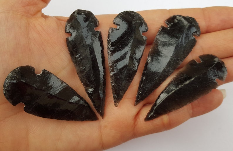 Large Black Obsidian Arrowheads Arrow Heads Jewelry Supplies Black Spear heads Carved Obsidian image 1