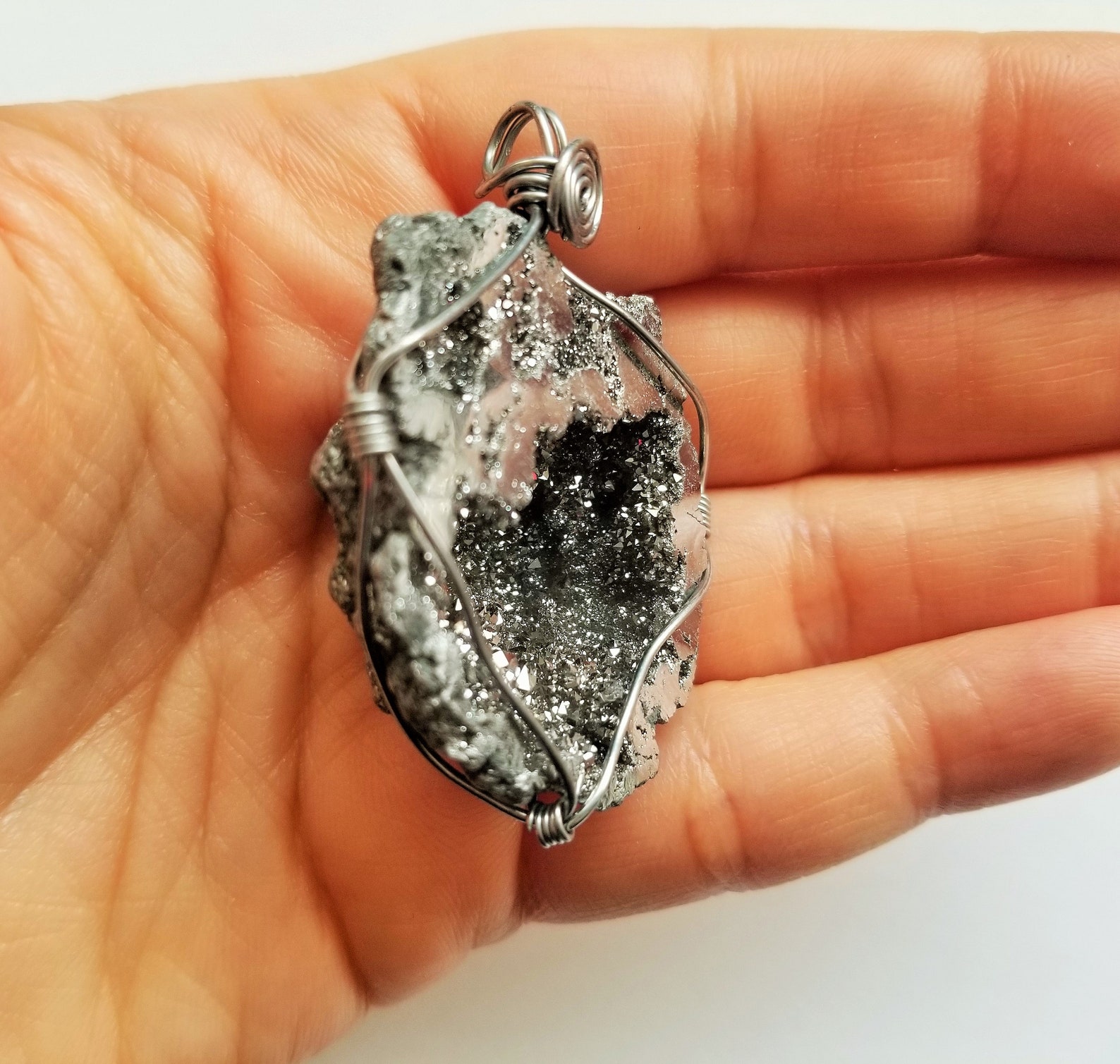 Silver Titanium Geode Pendant 40x36x19mm Abstract Designer Etsy