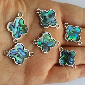 Abalone Connector Beads, Blue Clover Beads, Abalone Beads, Clover Flower Beads, Charm Connectors, Abalone Shell Charms, Clover Charms